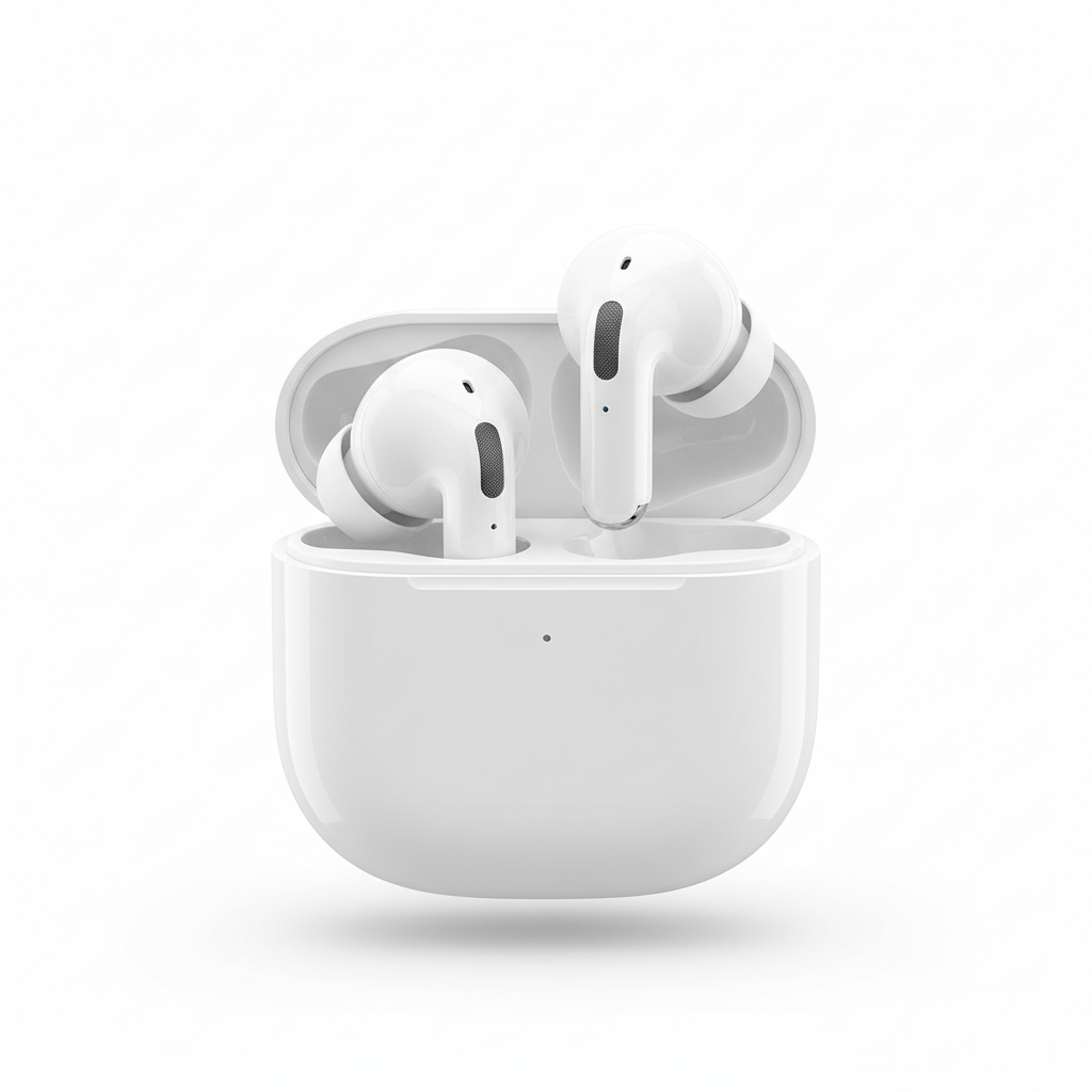 White true wireless earbuds with charging case