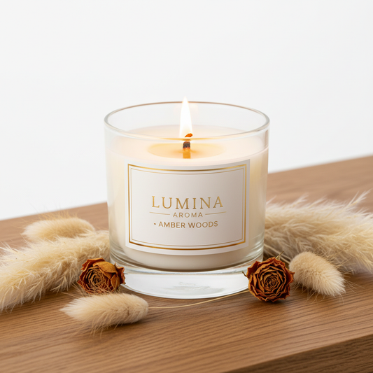 Luxury scented soy candle in glass jar with wooden wick
