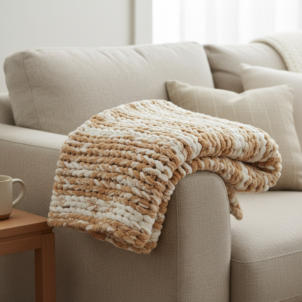 Soft chunky knit throw blanket in beige draped over a sofa