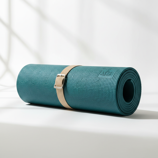 Teal non-slip yoga mat rolled up