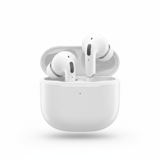 White true wireless earbuds with charging case