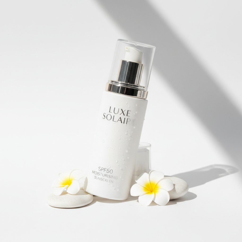SPF50 sunscreen in white pump bottle