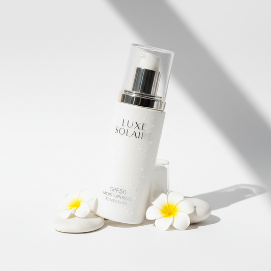 SPF50 sunscreen in white pump bottle