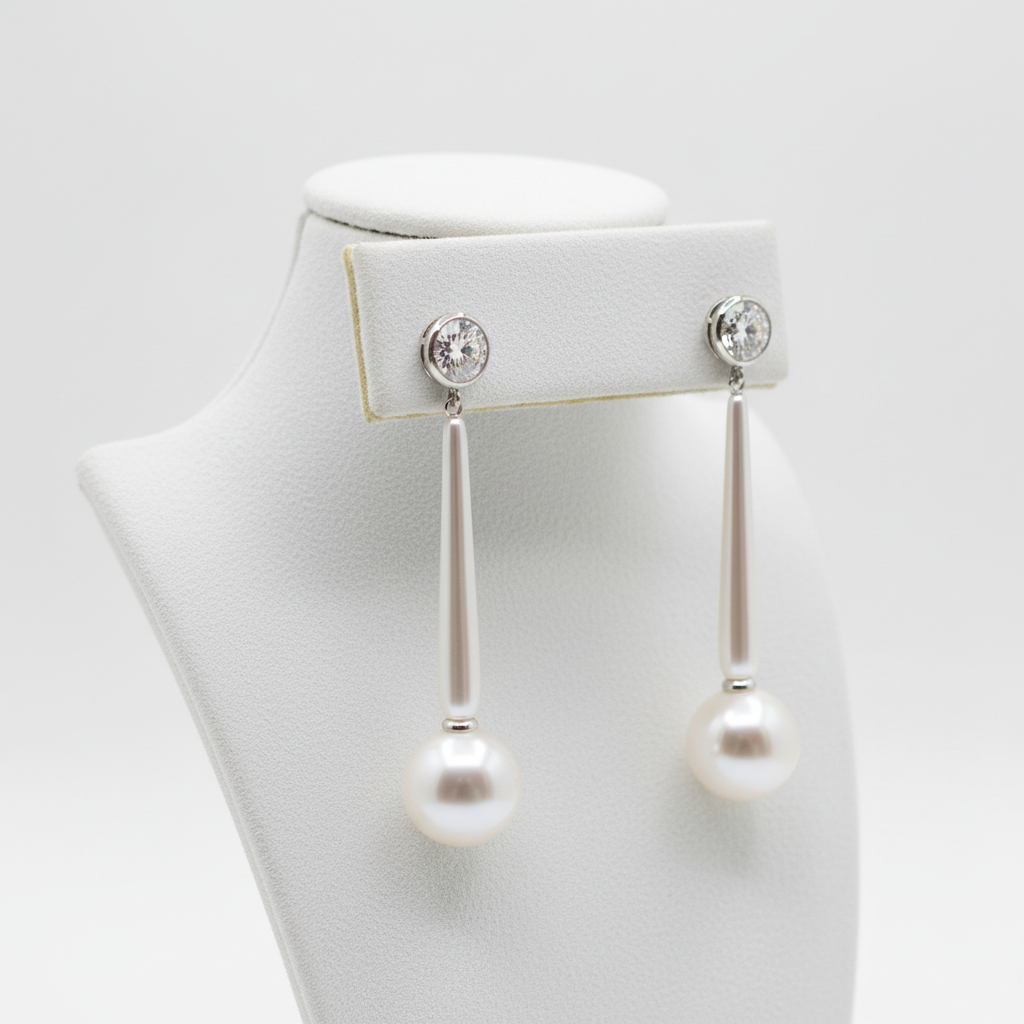 Classic pearl drop earrings on velvet stand