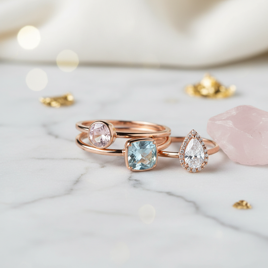 Rose gold stackable rings set with gemstones