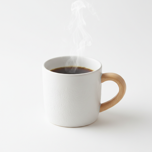 Minimalist matte white ceramic coffee mug with wooden handle