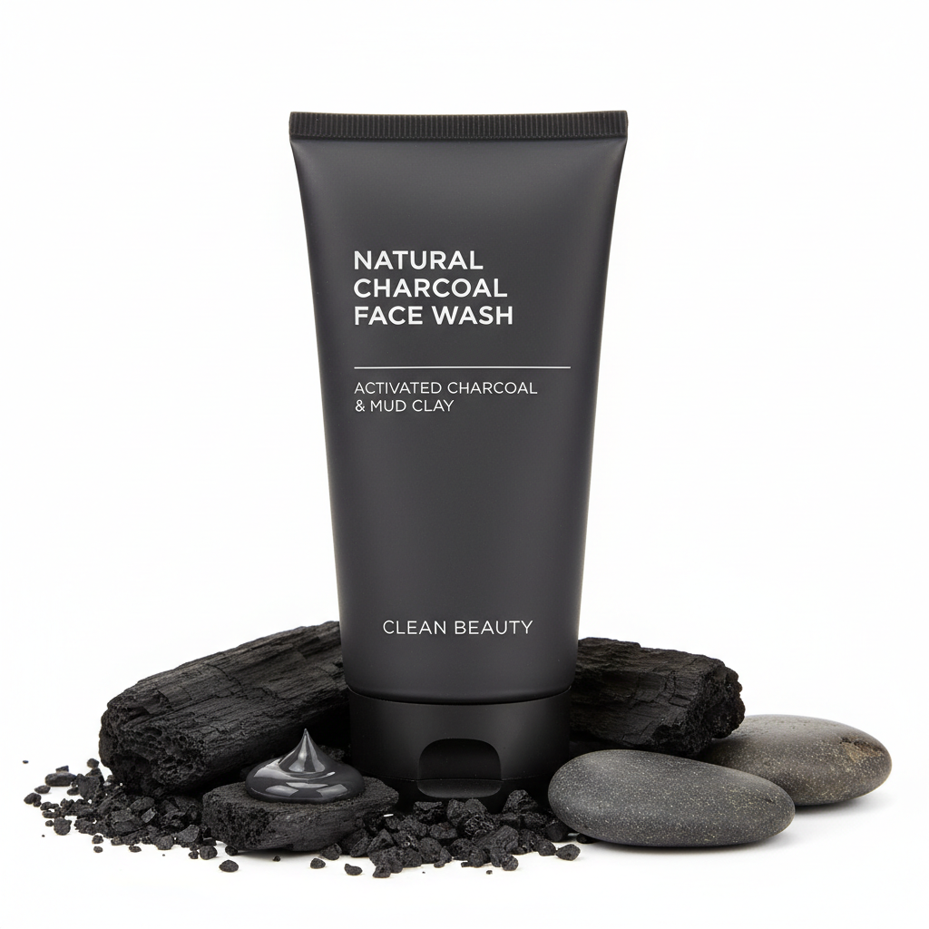 Charcoal face wash in dark matte tube