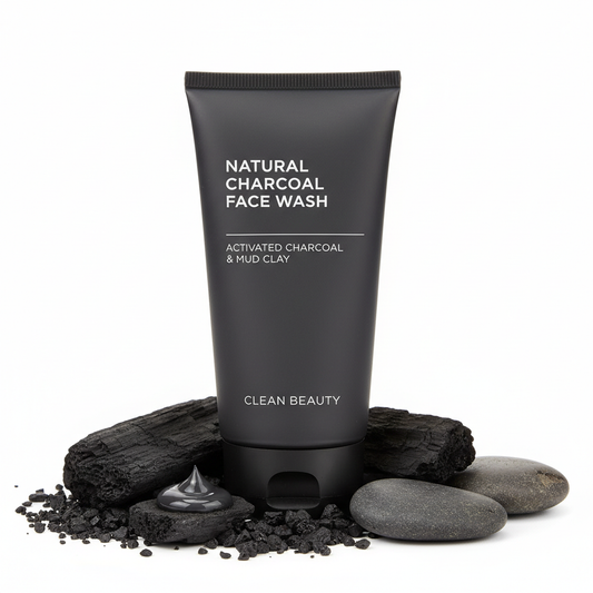Charcoal face wash in dark matte tube
