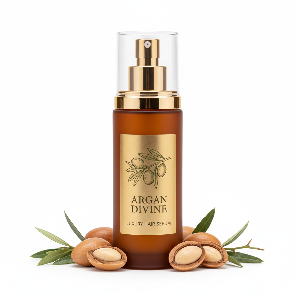 Argan oil hair serum in gold glass bottle