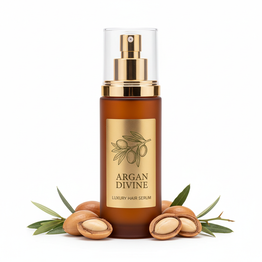 Argan oil hair serum in gold glass bottle