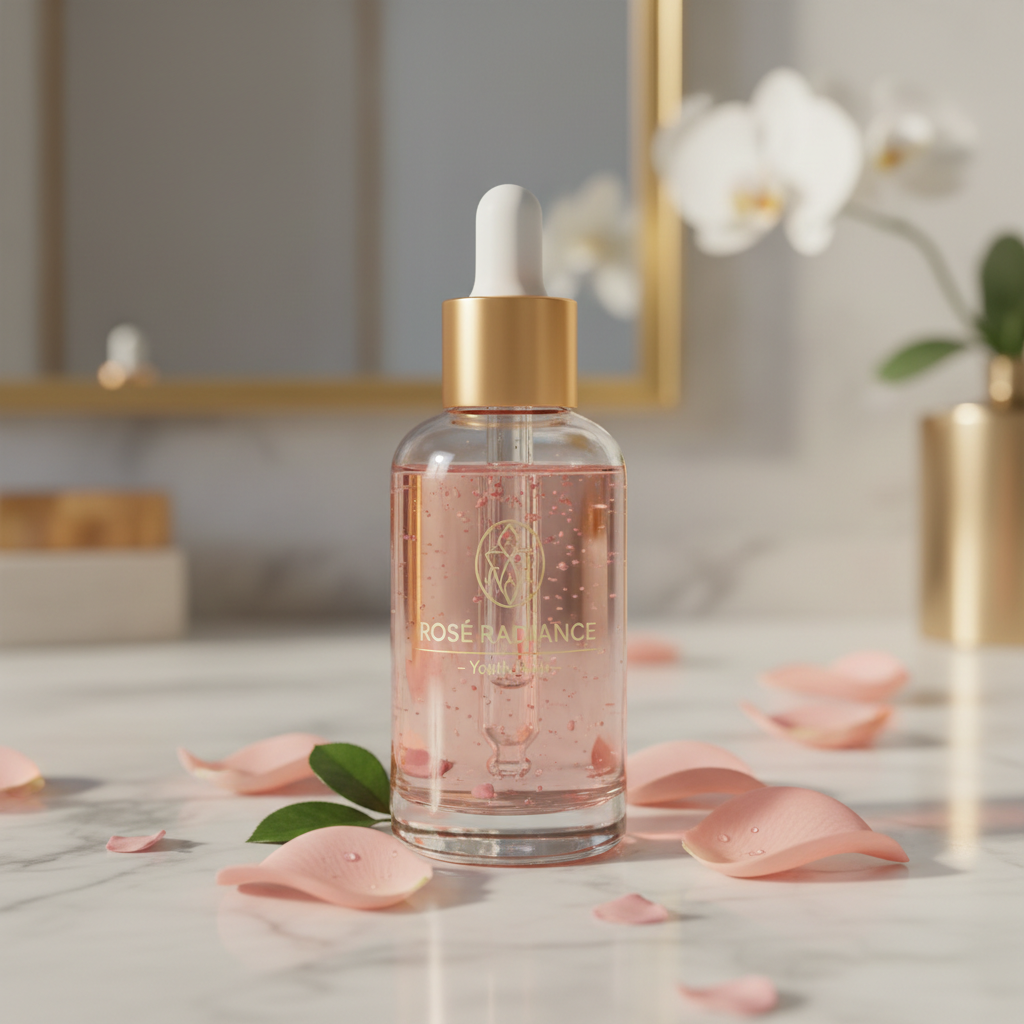 Rose face serum in glass dropper bottle