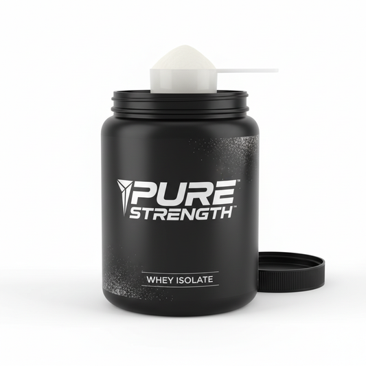 Chocolate whey protein powder in black container